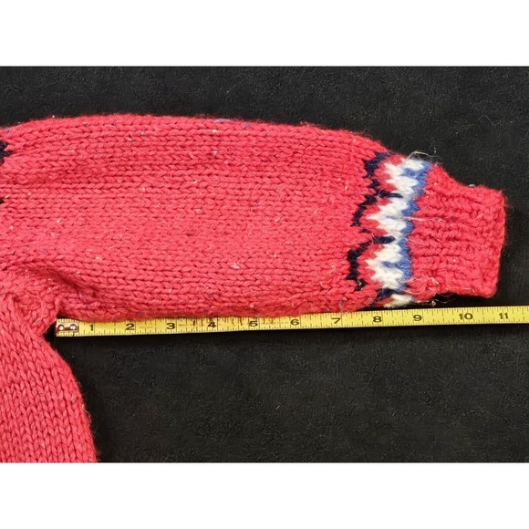 Hand Knit Toddler Sweater Wool Blend Fair Isle Red Crew Neck Unisex Cardigan - Picture 8 of 13